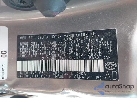 2016 Toyota Corolla Le z USA, uszkodzony, nr VIN 2T1BURHEXGC558715